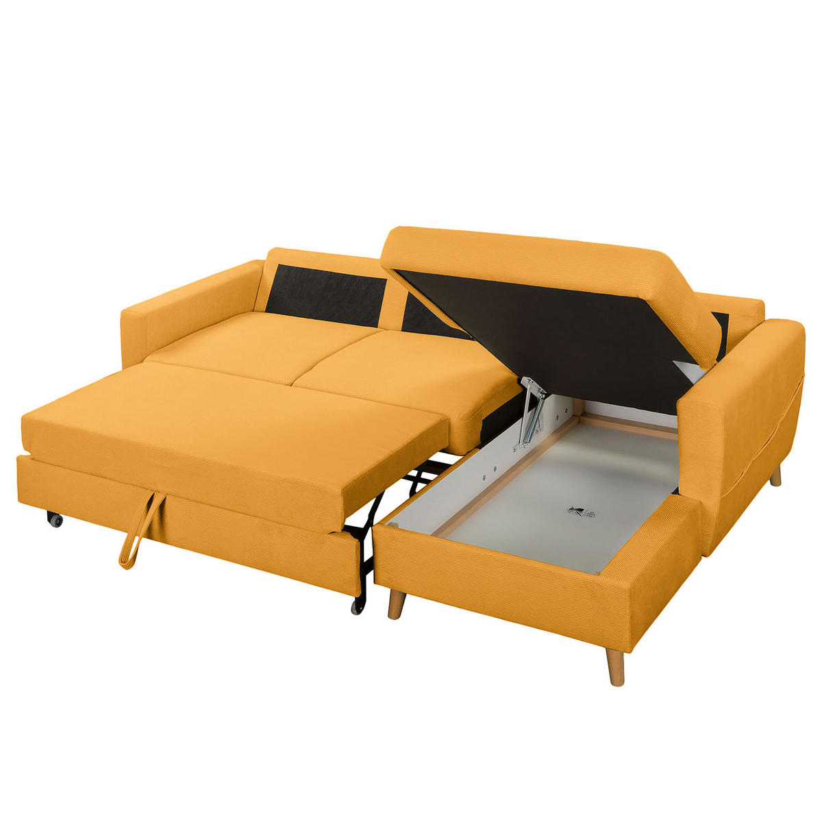 ECKSOFA mit Longchair - Gelb/Braun, Holz/Textil (223/148cm) - home24