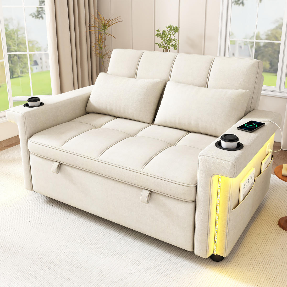 SCHLAFSOFA 2-Sitzer, Beige, Chenille, LED, USB/Type-C - Beige, Textil (141.5/90/145cm)