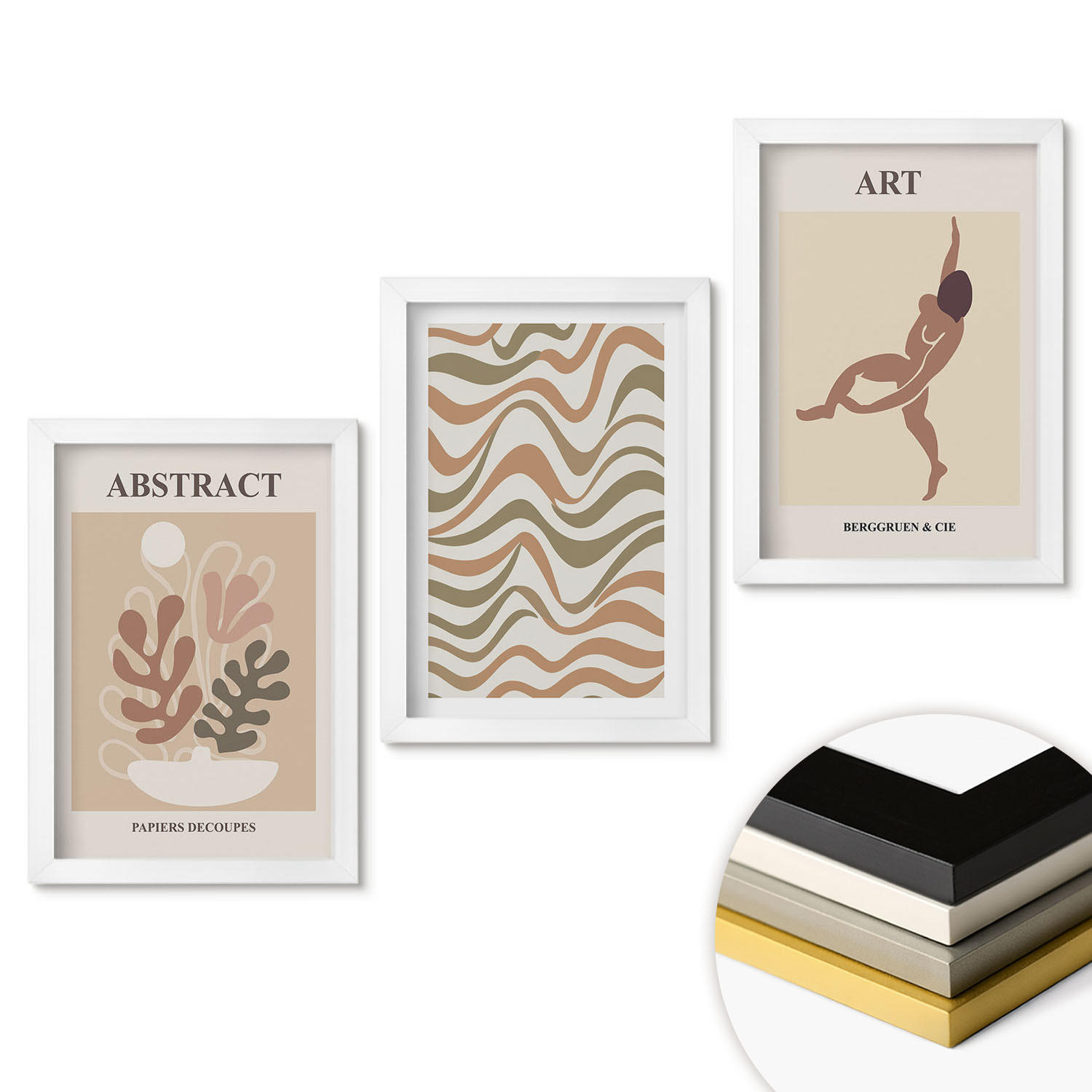 WANDBILDER 3er-Set - 20x30 cm Weißer Rahmen - Matisse Boho abstrakte Muster - Weiß, Kunststoff (20/30cm) - ArtPrintCave