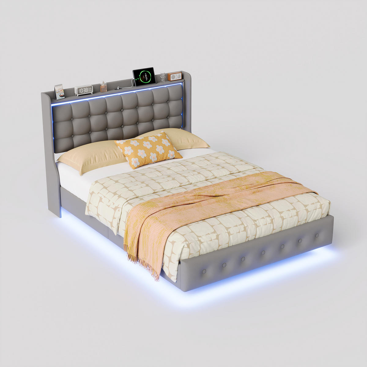 POLSTERBETT 160/200 cm Dunkelgrau mit RGB-Beleuchtung und USB - Grau, Holz (160/200cm) - SHOPENTRA