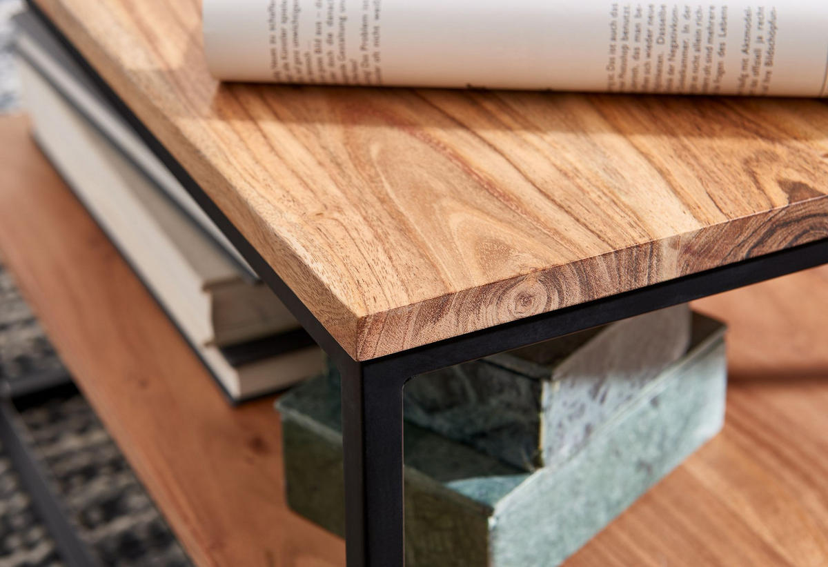 COUCHTISCH Industrial, Akazienholz mit Metallbeinen, zwei Ablageflächen - Beige/Schwarz, Holz/Metall (60/60/41cm) - KADIMA DESIGN