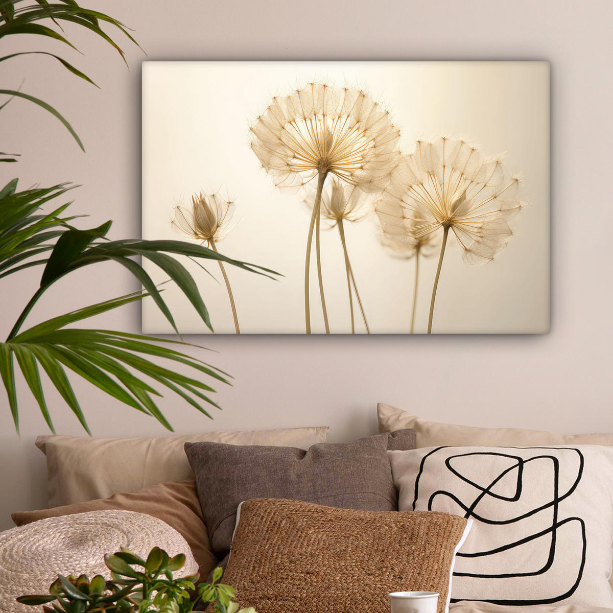 LEINWANDBILD Sonnenlicht - Löwenzahn - Botanisch - Blumen Gemälde 60x40 cm - Creme, Textil (60/40cm) - MuchoWow