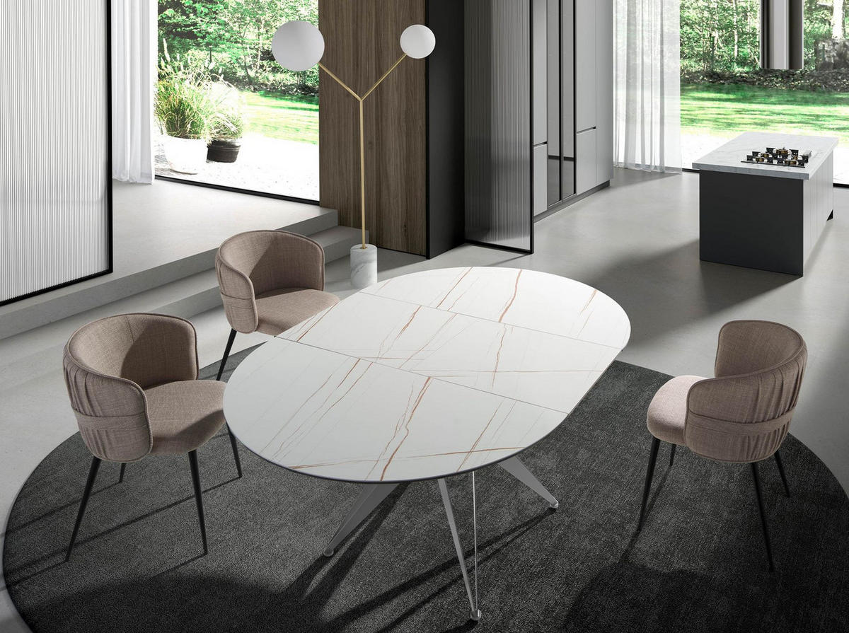 ESSTISCH Runder ausziehbarer Esstisch aus Porzellanmarmor und grauem Stahl Ø120/77 cm - Weiß/Grau, Stein (120/120/77cm) - ANGEL CERDA