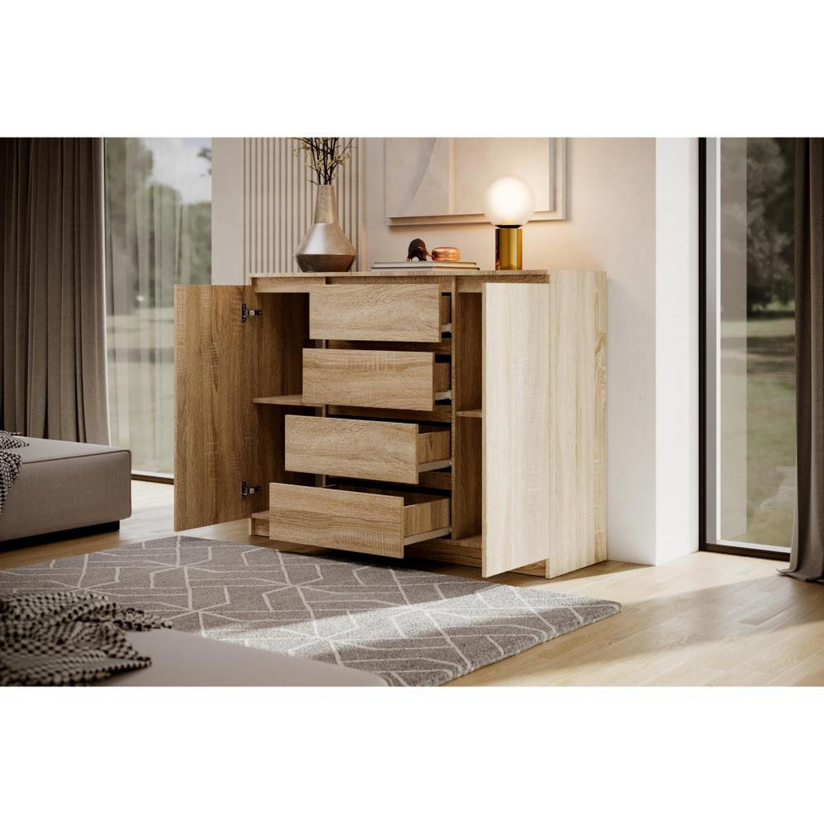 KOMMODE Lemon 120 cm mit zwei Türen und vier Schubladen eiche Sonoma - Sonoma Eiche, Holzwerkstoff (120/101.5/39cm) - Beautysofa