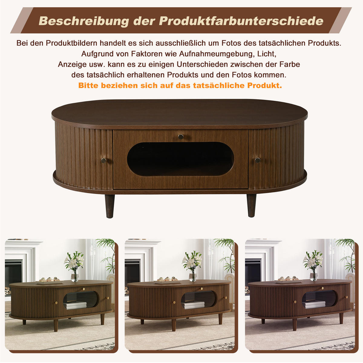 COUCHTISCH in Naturfarben Sofatisch mit Schublade und Rolltür, Sofa- und Beistelltisch mit 4 Stützbeinen, B100/T50/H36cm - Naturfarben, Glas/Holzwerkstoff (50/100/36cm) - STILVORA