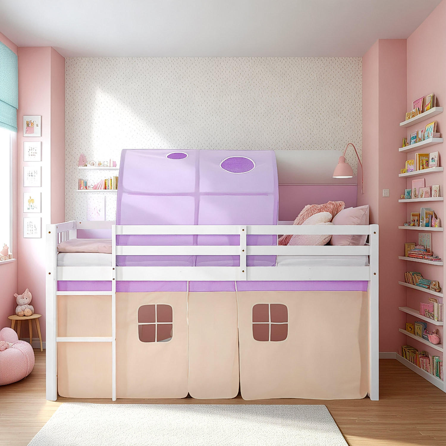 HOCHBETT 90/200 cm in weiß mit Bettvorhang + Tunnel in peach - Lila/Weiß, Holz - Homestyle4u