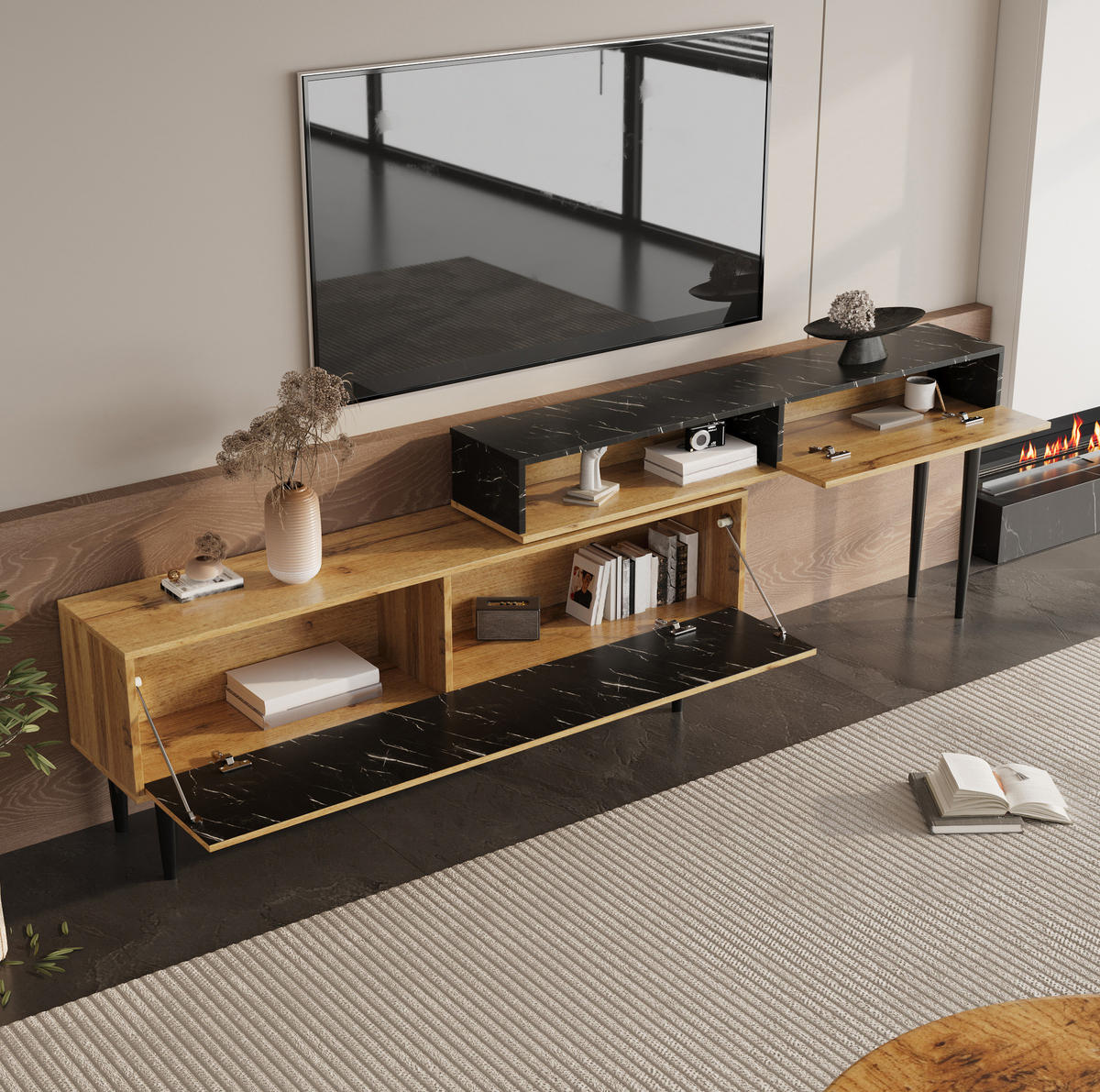 LOWBOARD Naturholz aus MDF mit PVC-Kante und Eisenbeinen - Naturfarben, Holzwerkstoff (30/58/129cm) - OKMYHOME