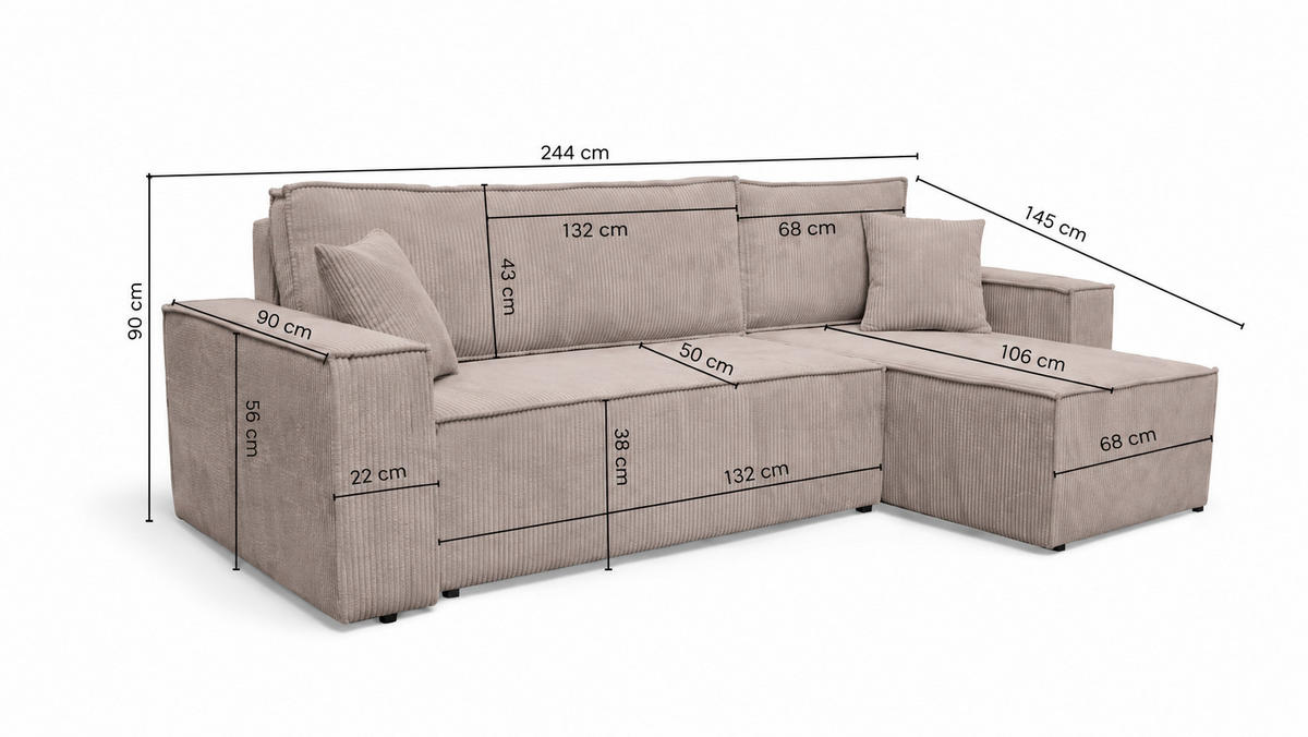 ECKSOFA Karl L mit Bettkaste und Schlaffunktion, Taupe - Taupe, Textil (244/145cm) - KS Home Concept