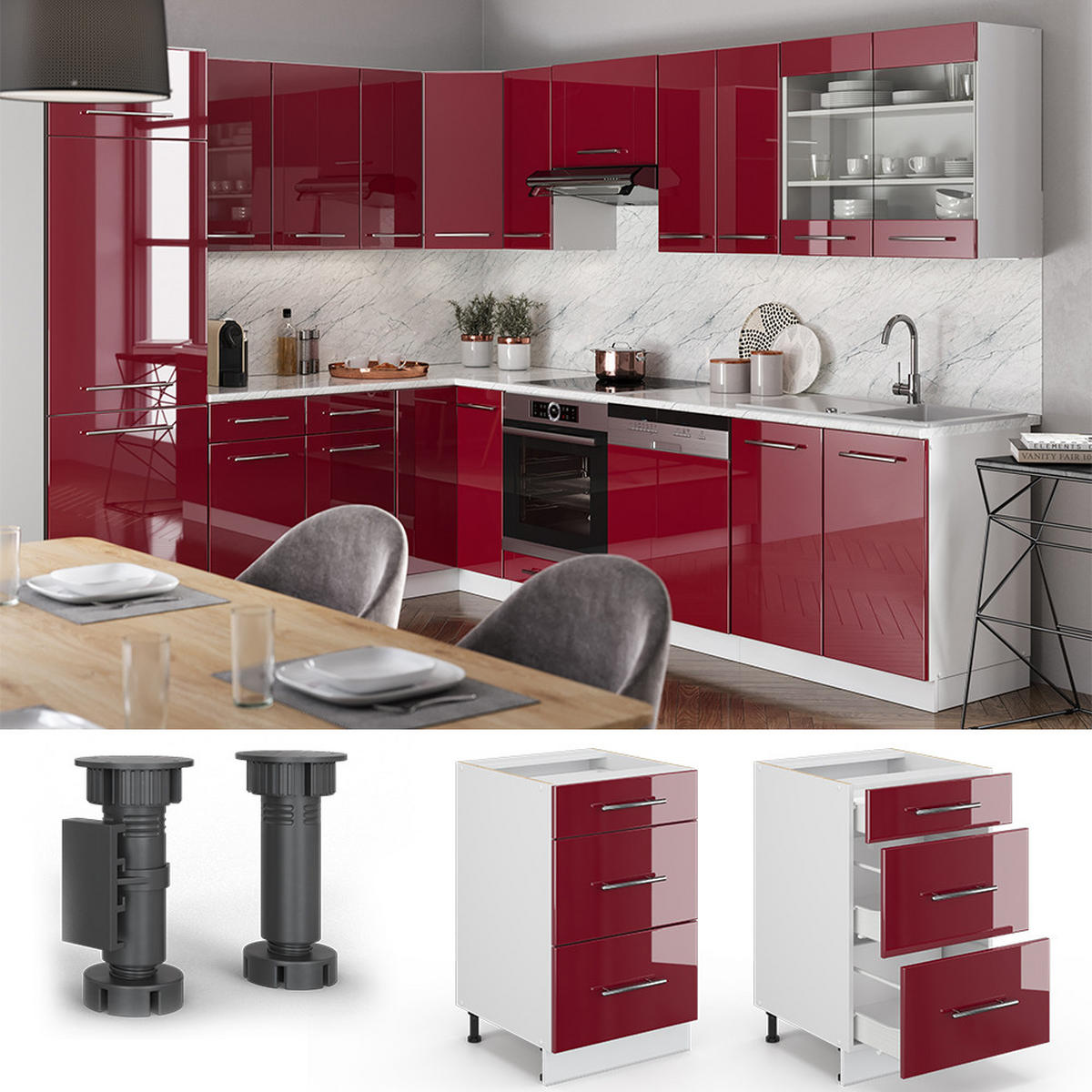 KÜCHENUNTERSCHRANK Fame-Line Bordeaux Hochglanz 50 cm ohne AP - Bordeaux/Weiß, Holzwerkstoff (50/82/52cm) - Vicco
