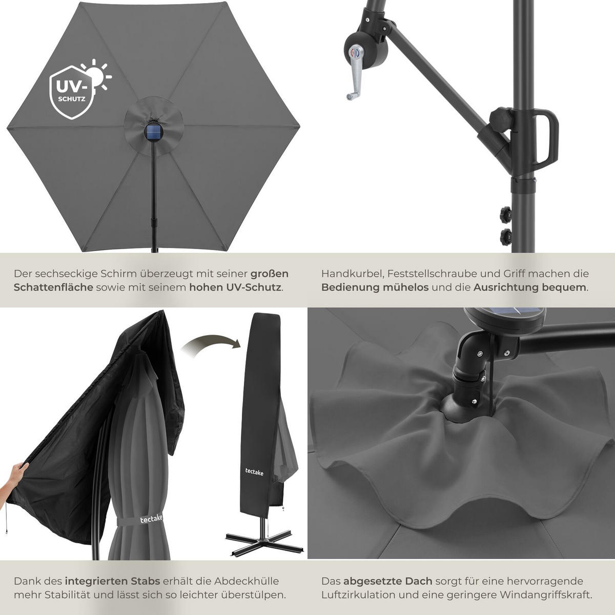 AMPELSCHIRM Artemis, mit LED Solar-Beleuchtung, inkl. Schutzhülle, grau - Grau, Metall (300/291cm) - tectake