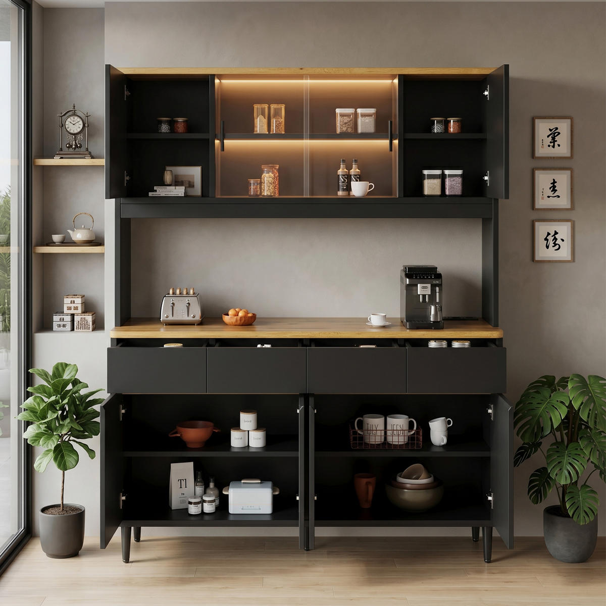 BUFFETSCHRANK in Schwarz mit LED-Beleuchtung und Steckdose für Esszimmer, B160/T40/H185 cm - Schwarz, Holzwerkstoff (160/185/40cm) - STILVORA