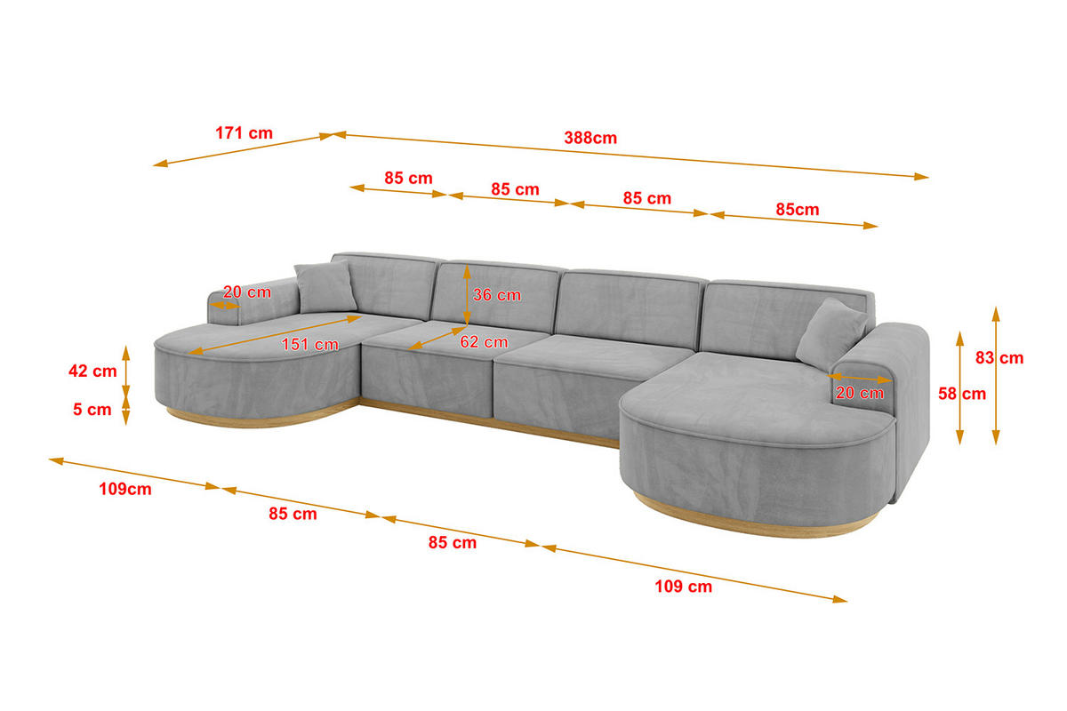 WOHNLANDSCHAFT MARI-U2-v2 - 388x171x83 cm Grau Velours - Grau, Holzwerkstoff/Textil (388/83/171cm) - ALTDECOR