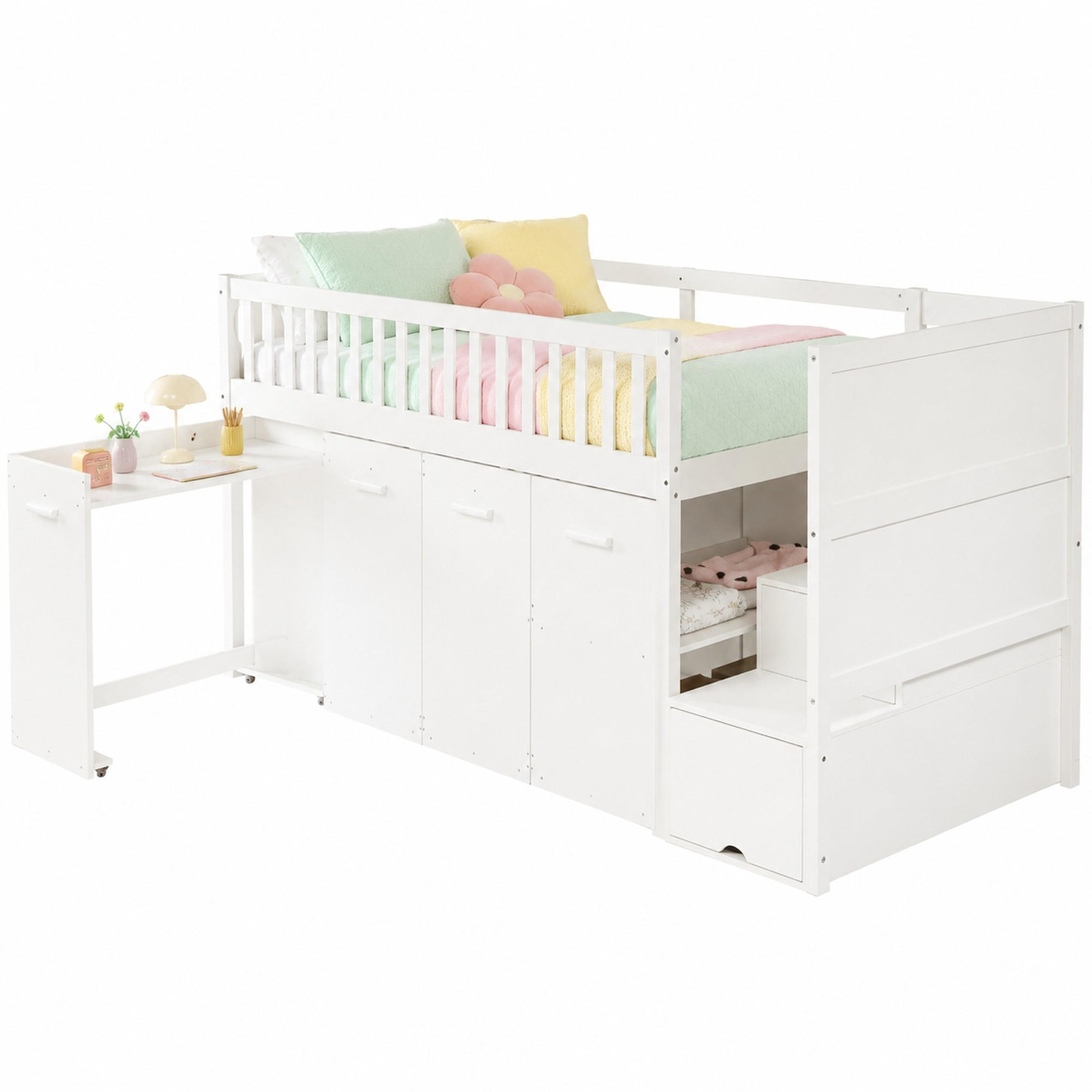 ETAGENBETT 90/200 mit Schreibtisch, Kleiderschrank und Stauraumtreppe in Weiß - Weiß, Holzwerkstoff (90/200cm) - EVRYAE