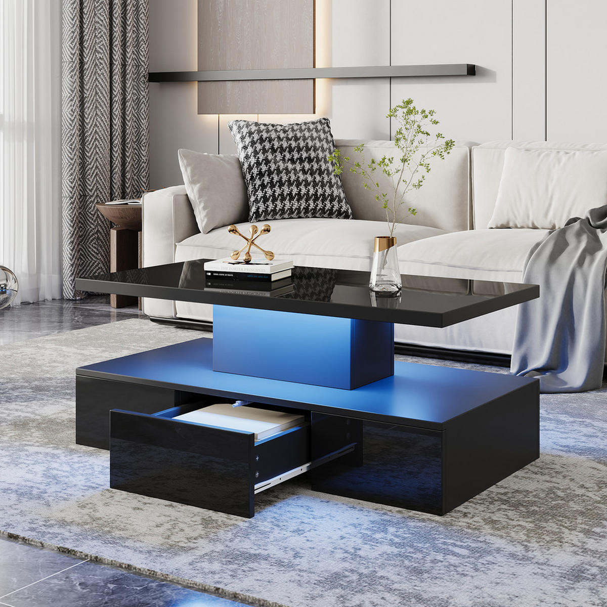 COUCHTISCH Zweistufig Schwarz Hochglanz LED 16 Farben Ausstellungsregal - Schwarz, Holz (112.4/60.96/15.24cm) - FLIEKS