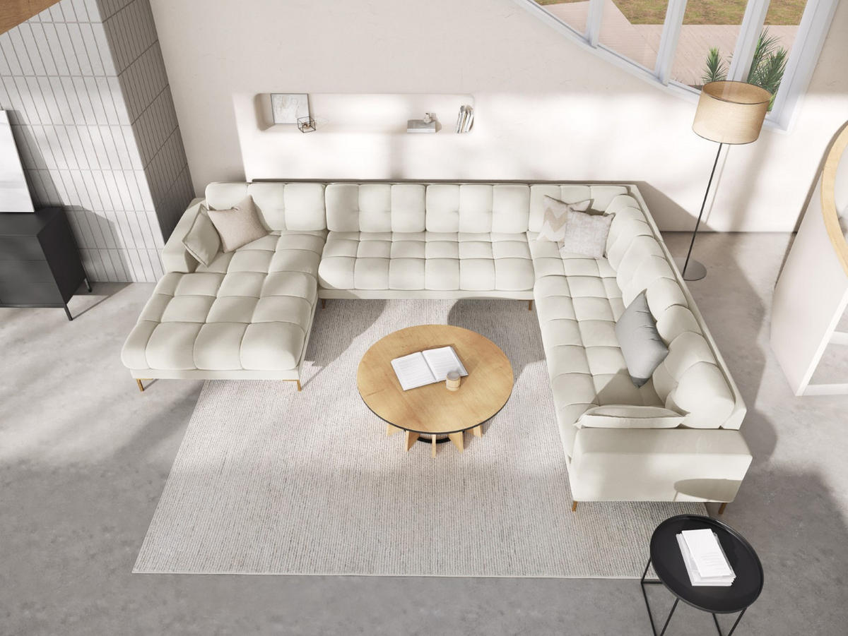 PANORAMASOFA rechts Mamaia aus Samt leichtes beige 7 Sitzplätze - Creme, Textil (256/75/327cm) - Micadoni