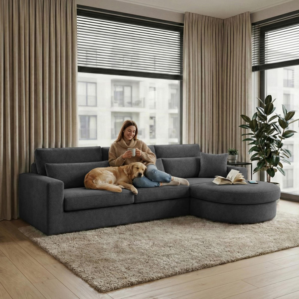 ECKSOFA Pablo ohne Schlaffunktion, mit abgerundeter Ottomane, rechts, Dunkelgrau, Velourstoff - Dunkelgrau, Textil (319/196cm) - Beautysofa
