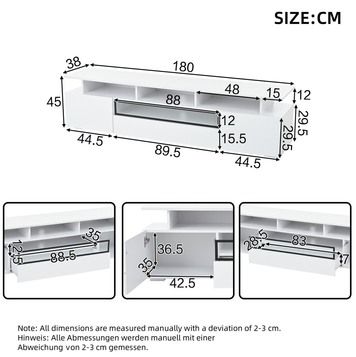 NÍZKA komoda 180/38/45 cm biely lesk s LED osvetlením a 2 skrinkami - biela, kompozitné drevo (180/45/38cm) - BEAOK