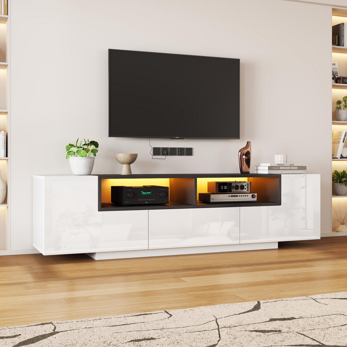 TV-ELEMENT 180/40/48 cm Hochglanz Weiß Schwarz mit LED-Beleuchtung und Schubladen - Weiß, Holzwerkstoff (40/48/180cm) - Korfee
