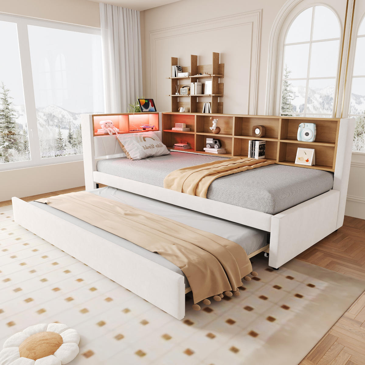 AUSZIEHBETT 90/200 cm DE-02095, in Beige, mit LED, Steckdosen und Staufächern - Beige, Metall (90/200cm) - ComfortXL