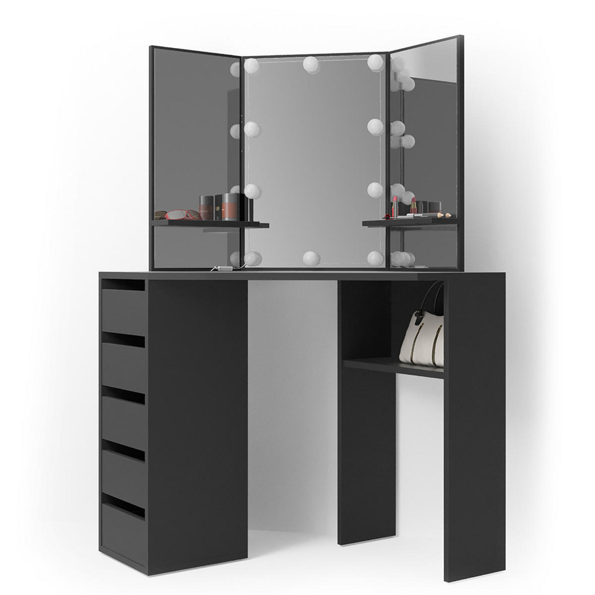 ECKSCHMINKTISCH Arielle Schwarz 110 cm mit LED Beleuchtung - Schwarz, Holzwerkstoff (110/141.5/54cm) - Vicco
