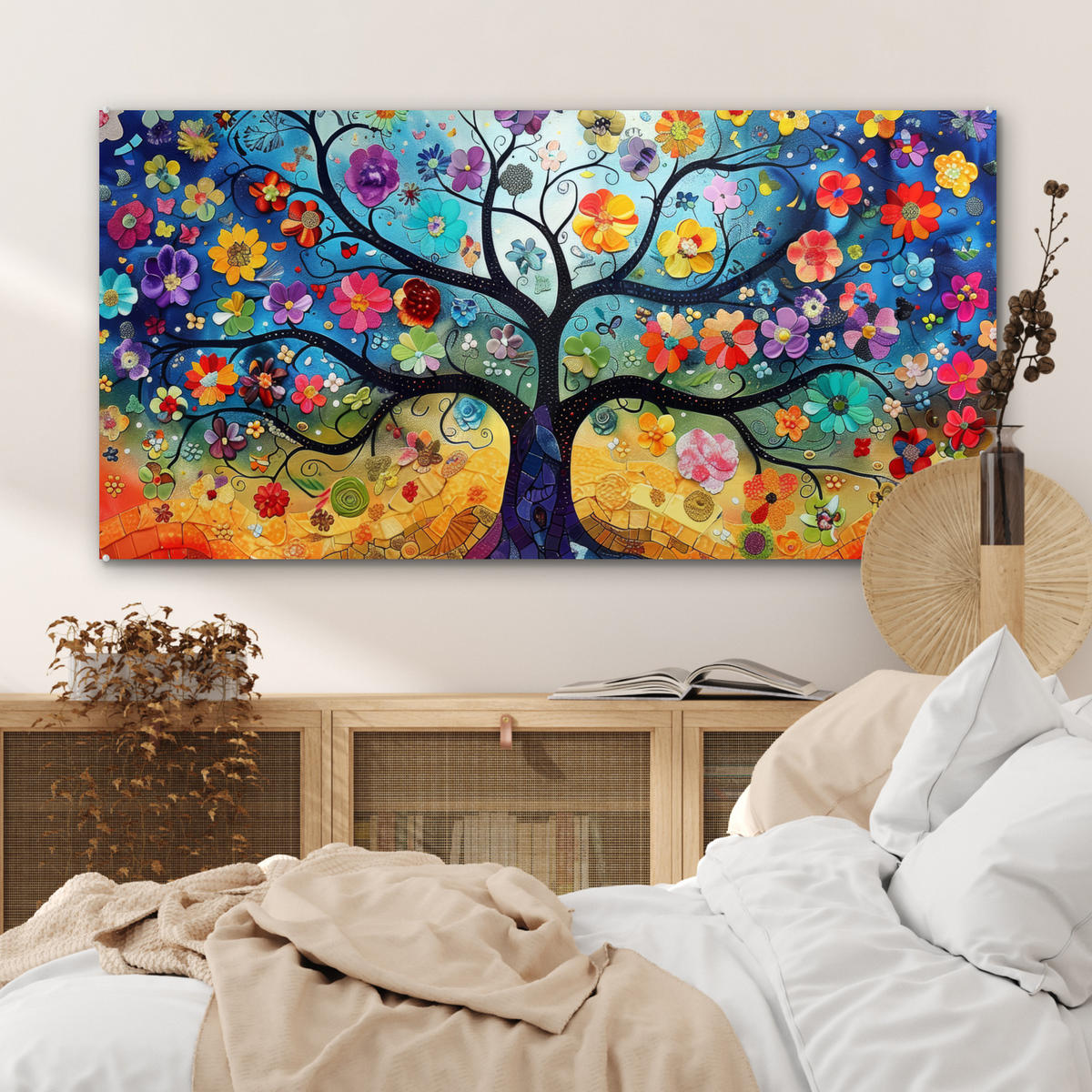 OBRAZ NA AKRYLOVOM SKLE Umenie - Strom života - Kvety - Hippie 120x60 cm - tmavomodrá, sklo (120/60cm) - MuchoWow