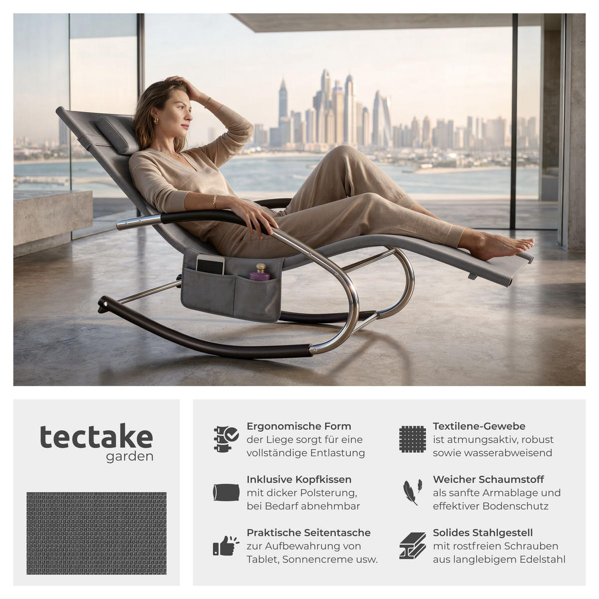 GARTENLIEGE Taya, abnehmbares Kopfpolster, seitliche Aufbewahrungstasche, grau - Grau, Kunststoff (62/92/142cm) - tectake