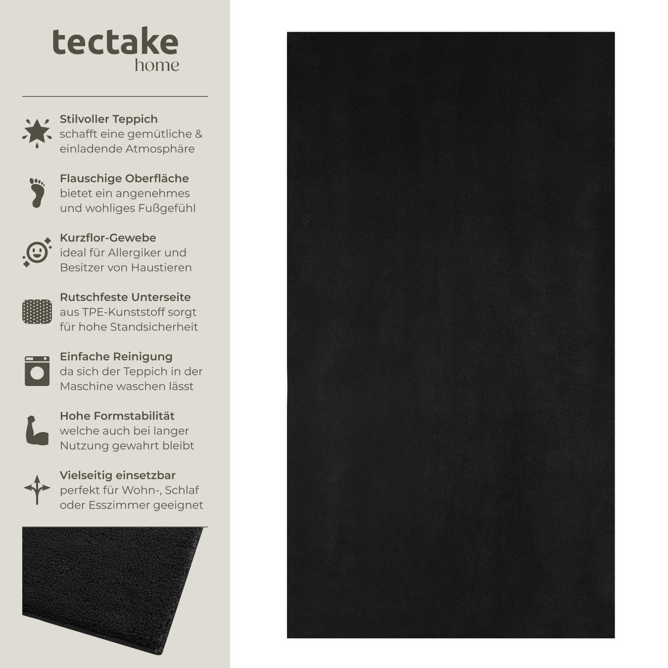KURZFLORTEPPICH Soft Zone,rutschfeste Unterseite,schwarz - Schwarz, Textil (150/80cm) - tectake