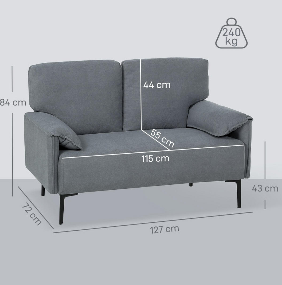 2-SITZER Sofa Stoffbezug mit Metallbeinen 127/72/84 cm Grau - Grau, Metall (72/84/127cm) - Redom