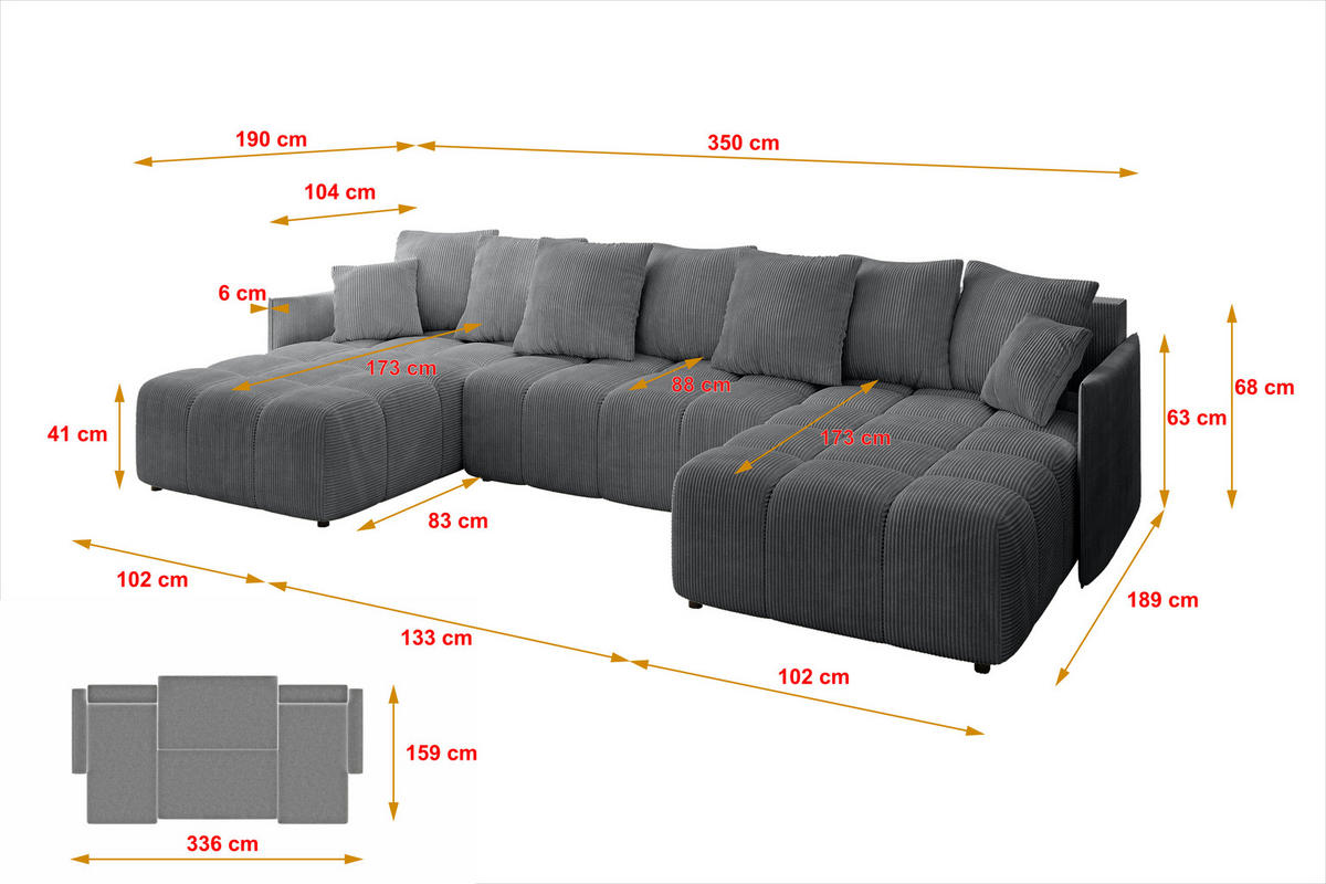 WOHNLANDSCHAFT LONLI-U 355x189x68 Dunkelgrau Cord - Dunkelgrau, Holzwerkstoff/Kunststoff (350/68/190cm) - ALTDECOR