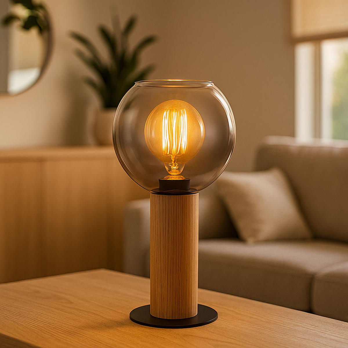 TISCHLEUCHTE MOITAS Rauch Schwarz Metall - Braun, Holz (15/15/30cm) - Globo Lighting