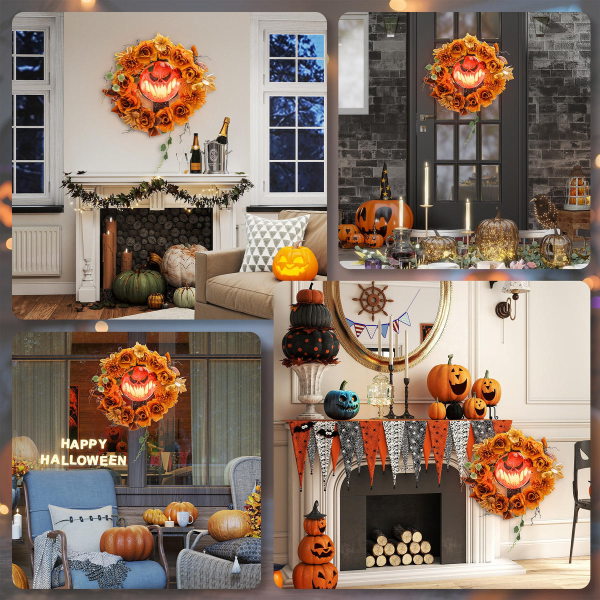 HALLOWEEN Dekoration Hängender Kürbis-Kranz mit 44 LEDs mit Flammeneffekt - Orange, Textil (9/44/44cm) - Outsunny