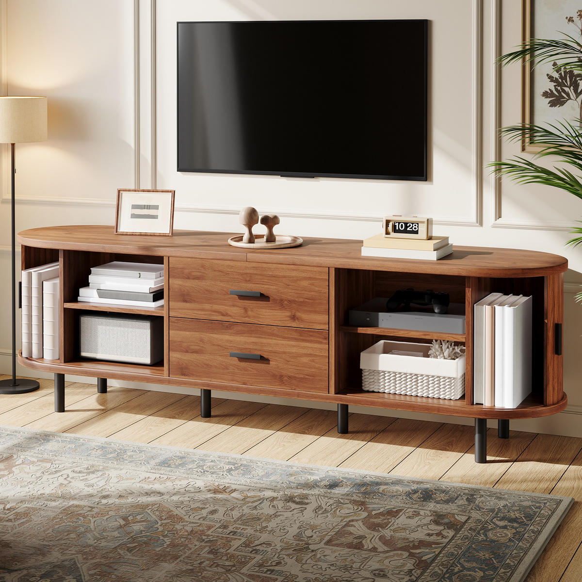 TV-SCHRANK 160/40/55 cm Walnussholzfarbe mit 2 Schublade und Schiebetüren - Nussbaumfarben/Schwarz, Holz/Holzwerkstoff (160/55/40cm) - Oxeza