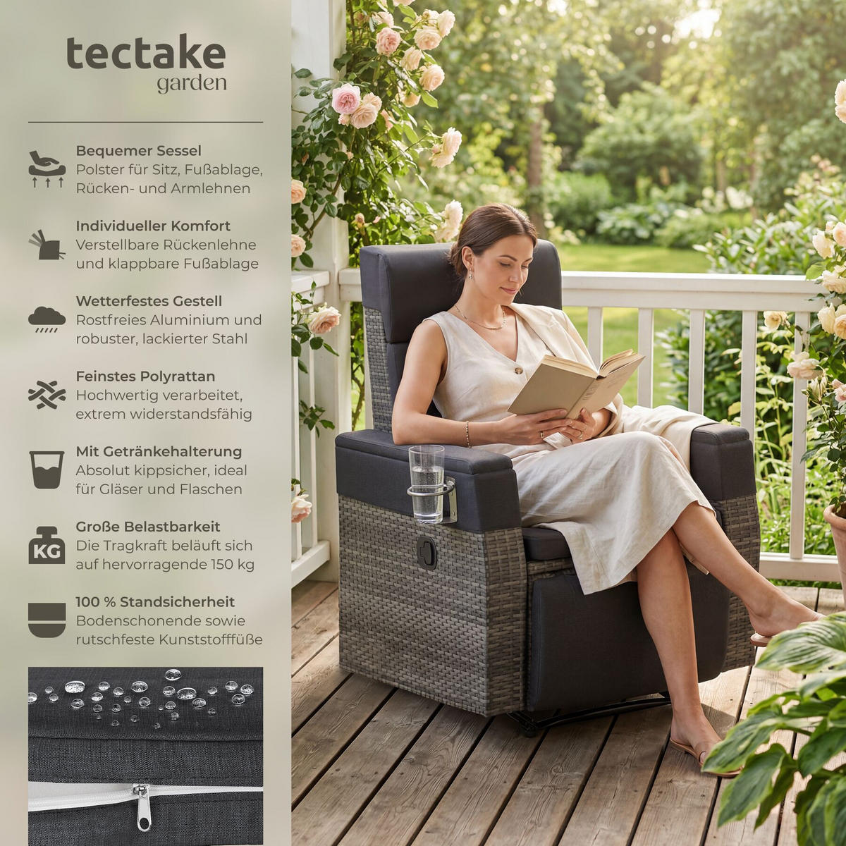 RATTANSESSEL aus Aluminium Pacentro, Belastbarkeit 150 kg, 80 x 80 - 157 x 80 - 97 cm, grau - Grau, Kunststoff (157/97/80cm) - tectake