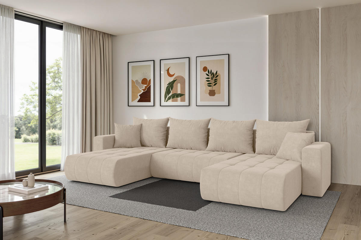 SEDACÍ SOUPRAVA DO U s funkcí spaní a úložným prostorem MILA-U 378x194x86 béžová velur - černá/Sahara, kompozitní dřevo/textil (378/86/194cm) - ALTDECOR