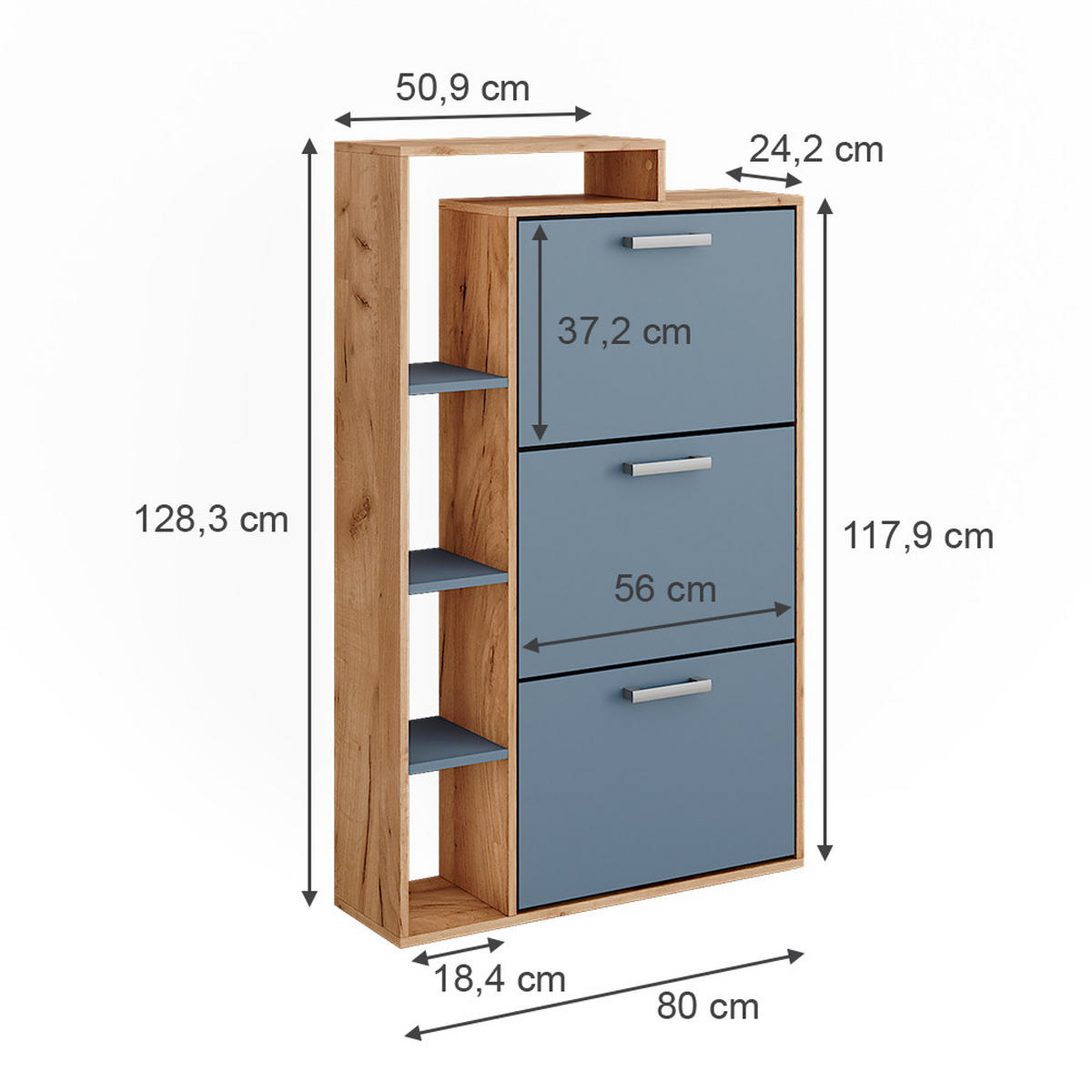 SCHUHKIPPER Orlando Goldkraft Eiche/Blau 80 x 128.3 cm mit 3 Fächern - Eiche Wotan, Holzwerkstoff (80/128.3/24.2cm) - Vicco