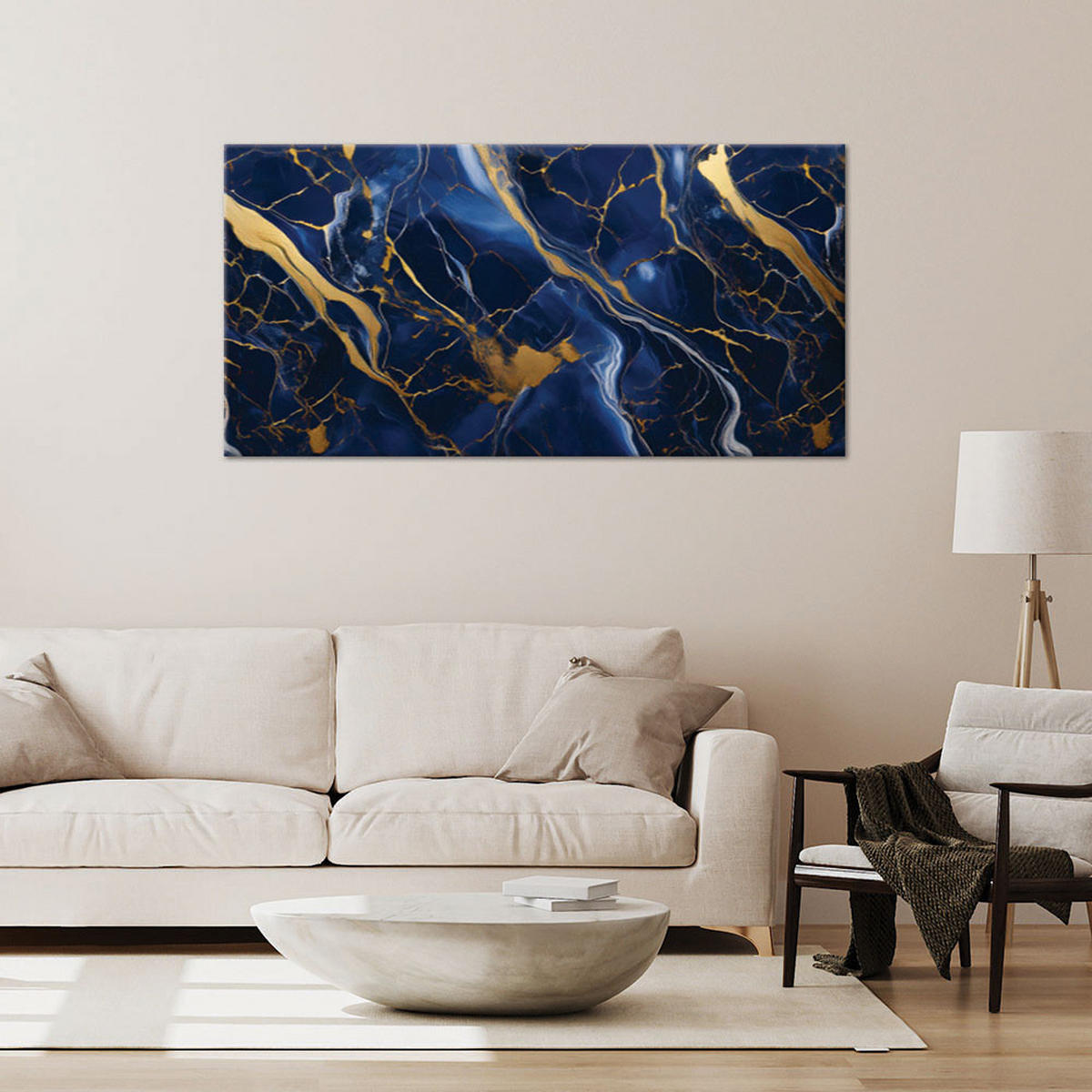 LEINWANDBILD Blauer Marmor mit goldenen Lofts 100x50cm - Blau, Textil (100/50cm) - Feeby