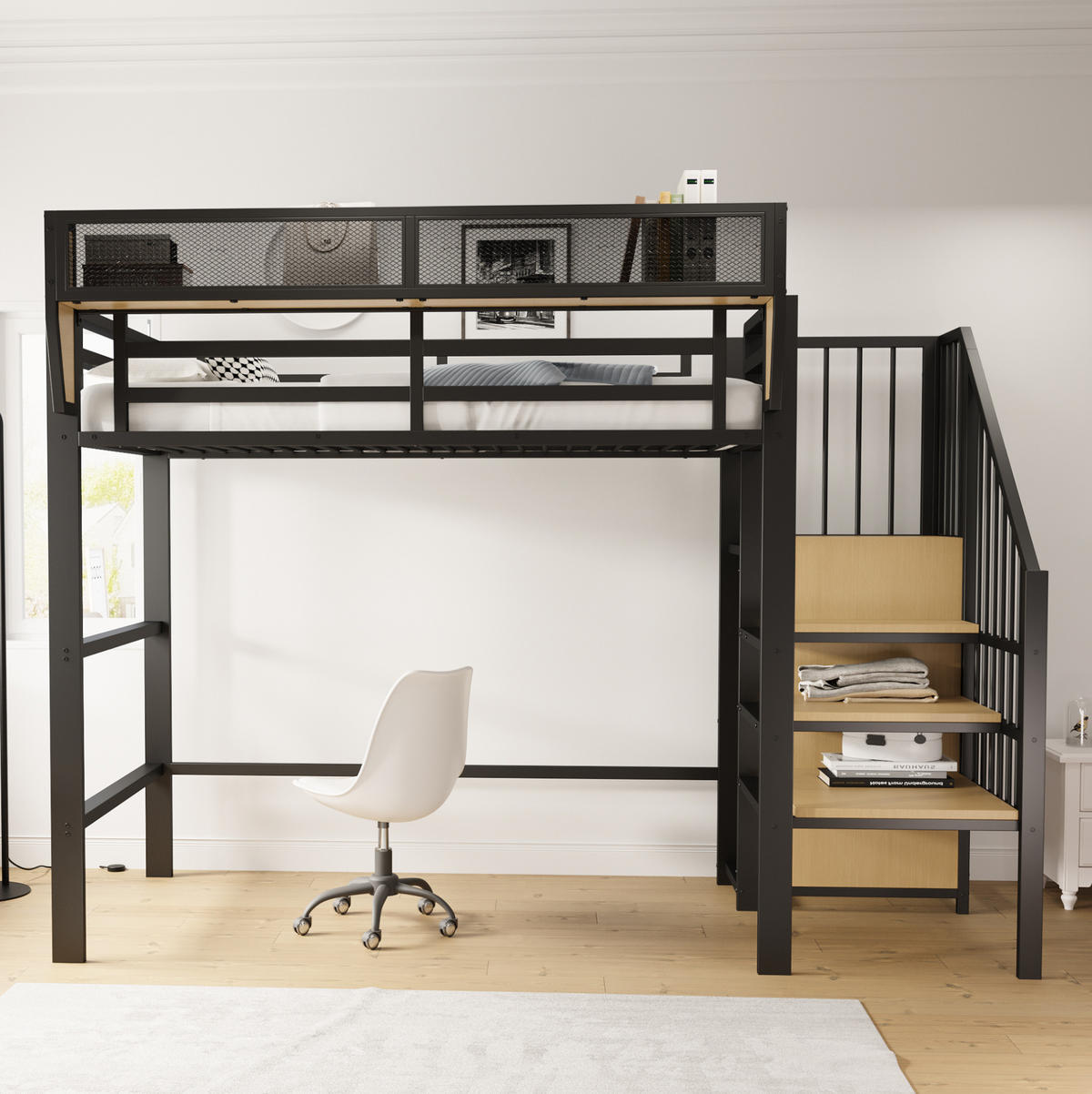 HOCHBETT 90/200 cm mit Sicherheitsleiter und flexiblem Regal, platzsparendes Metallbett, Schwarz - Schwarz, Metall (90/200cm) - Redom