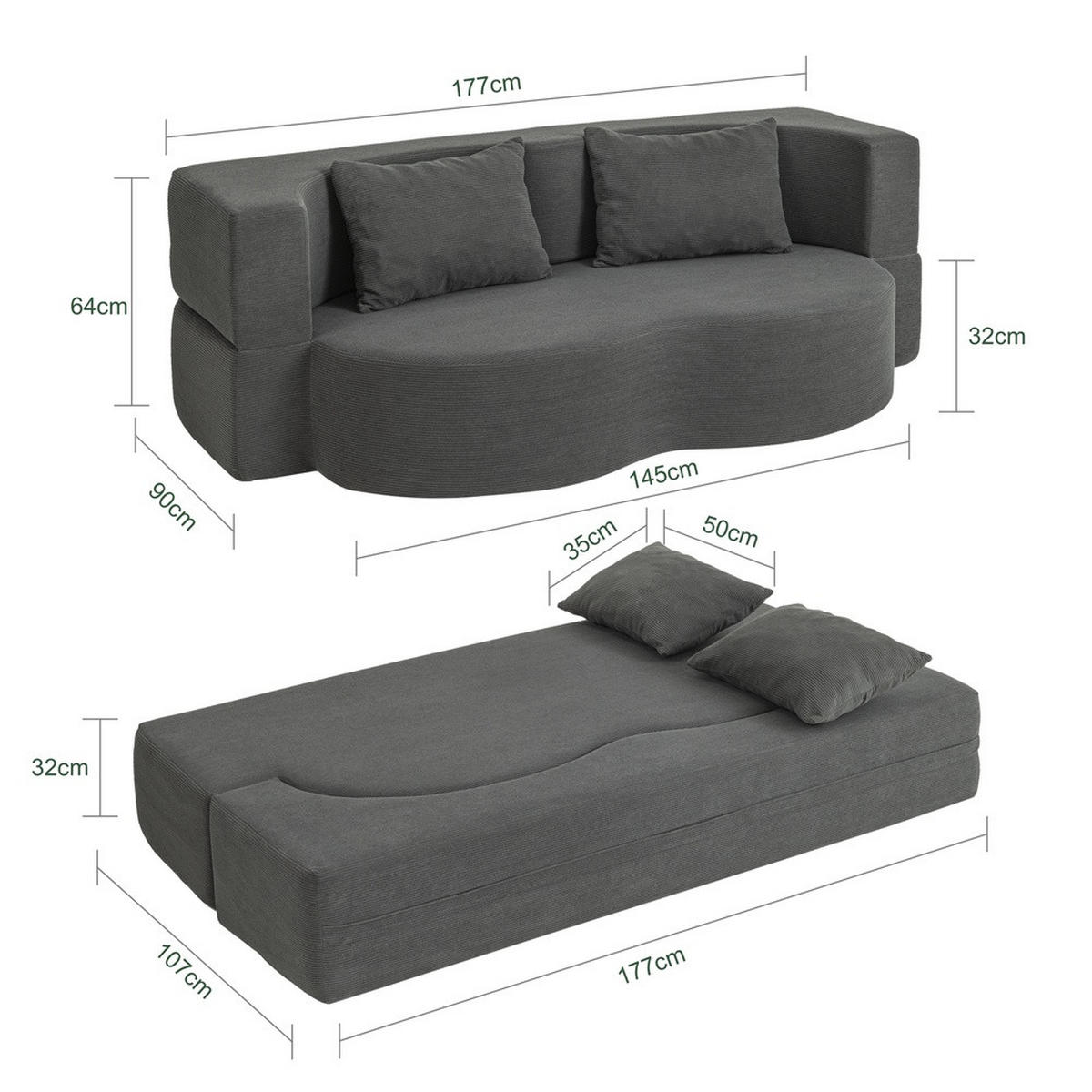 SOFA ausziehbar FST101-DG - Dunkelgrau/Ahornfarben, Fell/Textil (177/32/107cm) - SoBuy