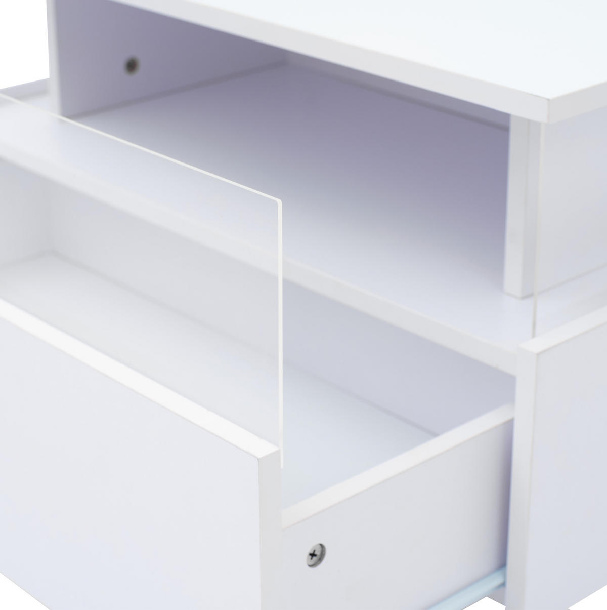 COUCHTISCH aus Spanplatte 70x70x41 cm Weiß mit LED-Beleuchtung, 2 Schubladen und transparentem Präsentationsbereich - Weiß, Holzwerkstoff (70/70/41cm) - Modfu