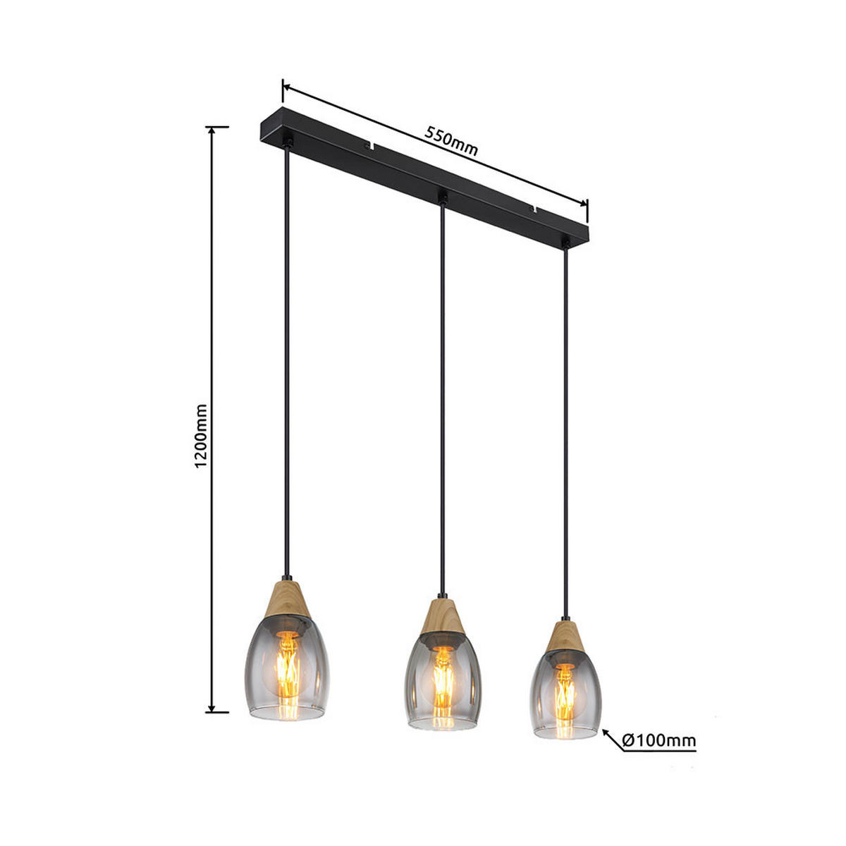 HÄNGELEUCHTE Metall Schwarz Glas rauchfarben - Schwarz, Holz (55/10/120cm) - Globo Lighting