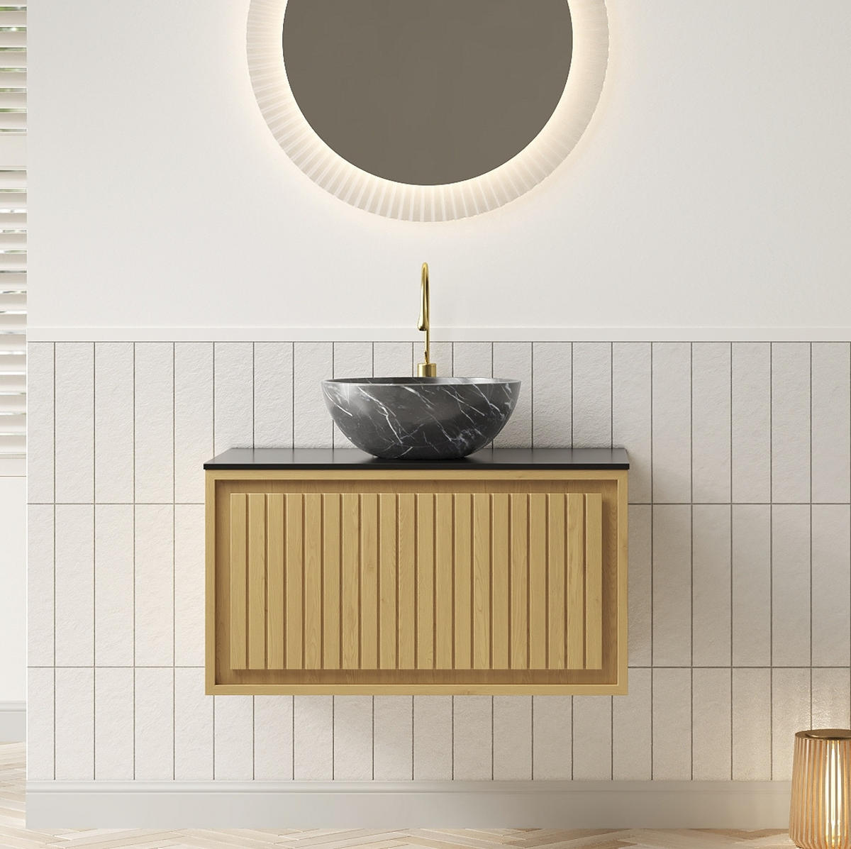WASCHTISCHKOMBI 61 cm Schwarz/Golden Oak aus Keramik und Sinterstein mit Soft-Close - Goldfarben, Keramik (76/55.1/48cm) - OKMYHOME