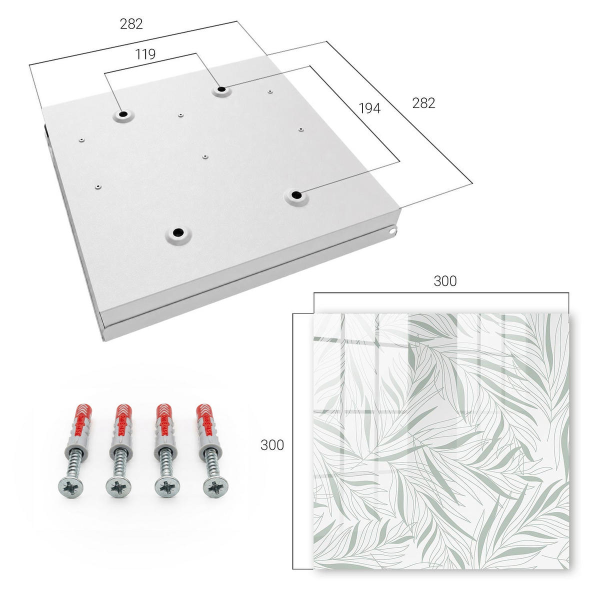 SCHLÜSSELBOX Weiß 30x30 cm – Türöffnung nach rechts - Blättermuster - Grau, Metall (30/30/5cm) - TULUP