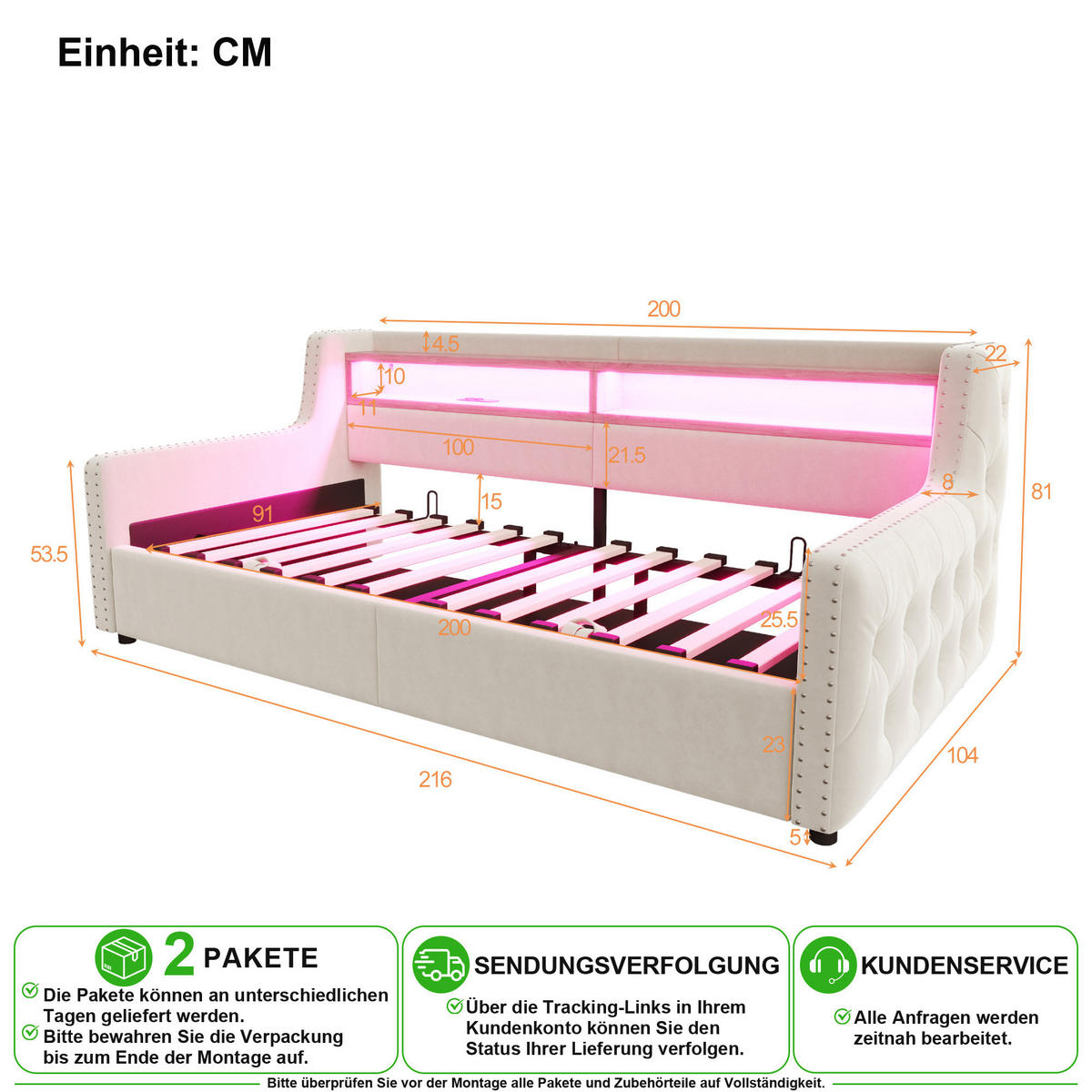 SCHLAFSOFA 90/200 cm in Beige Samt mit Bettkasten, LED, USB und Ablage - Beige, Holzwerkstoff/Textil (90/200cm) - CHICFURN