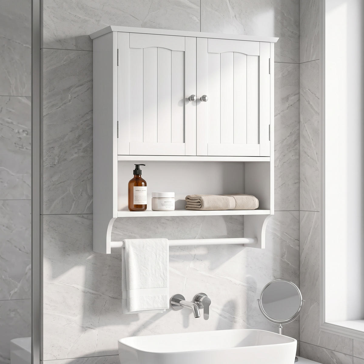 WANDSCHRANK Badezimmer Weiß Medizinschrank mit Handtuchhalter & verstellbaren Regalen - Weiß, Holzwerkstoff (56.89/70/19cm) - Urban Meuble