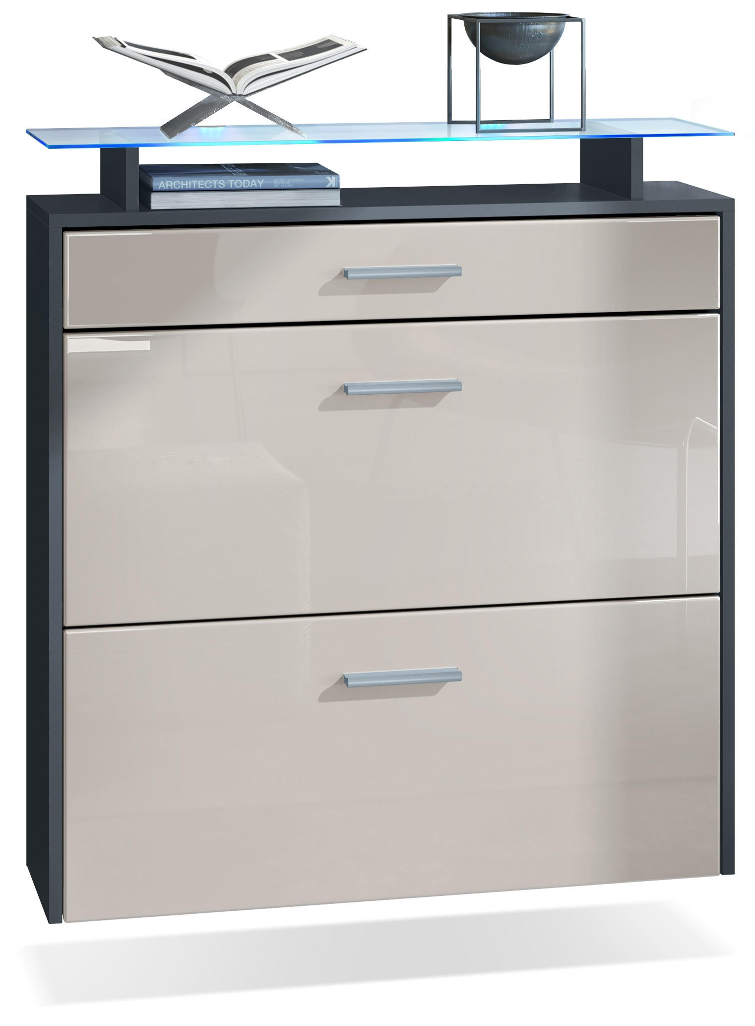 SCHUHSCHRANK Malea Fronten in Sandgrau Hochglanz - Sandfarben, Holzwerkstoff (89/96/23cm) - Vladon