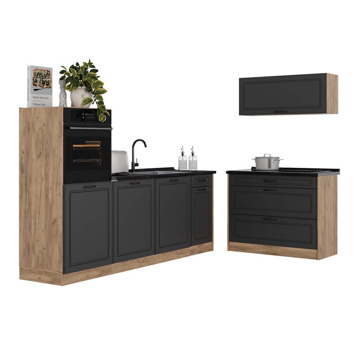 KÜCHENZEILE R-Line, Anthrazit Landhaus/Goldkraft Eiche, 220 cm Arbeitsplatte Marmor - Eichefarben/Anthrazit, Holzwerkstoff (220/143/60cm) - Vicco