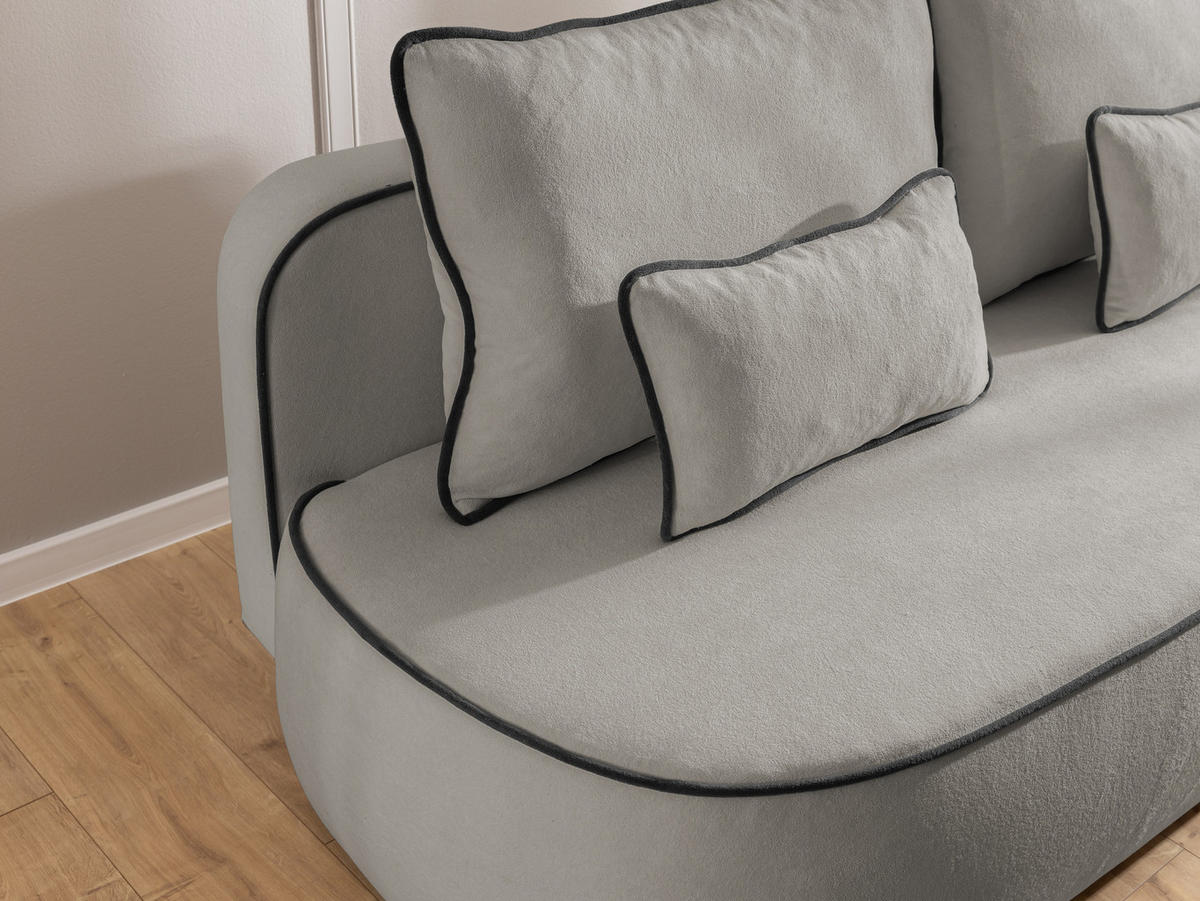 KINDERSOFA Vero im modernen und abgerundeten Design mit Schlaffunktion und Bettkasten aus Grau Plüschstoff mit schwarzer Paspel - Schwarz/Grau, Holz/Kunststoff (210/90/98cm) - S-Style Möbel