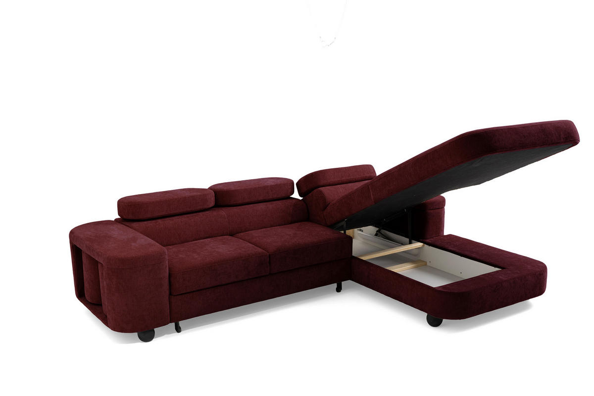 ECKSOFA LOVE L Rechts mit Schlaffunktion 124x210 Chenille Bordeaux - Bordeaux/Schwarz, Holz/Textil (205/284cm) - Muffo