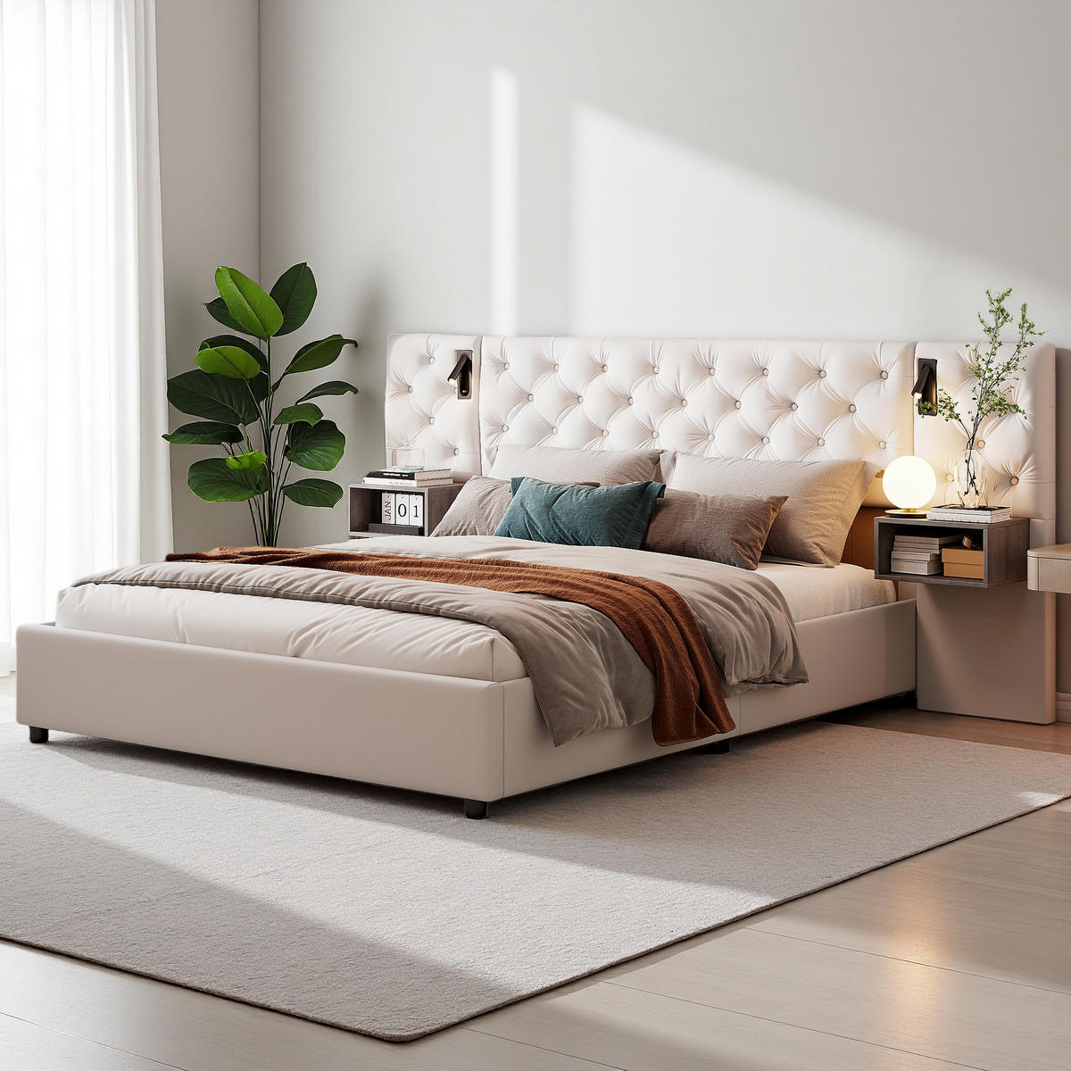 POLSTERBETT 140x200 cm LED USB Stauraum Lattenrost Samt weiß - Weiß, Holz (140/200cm) - LEBENLANG