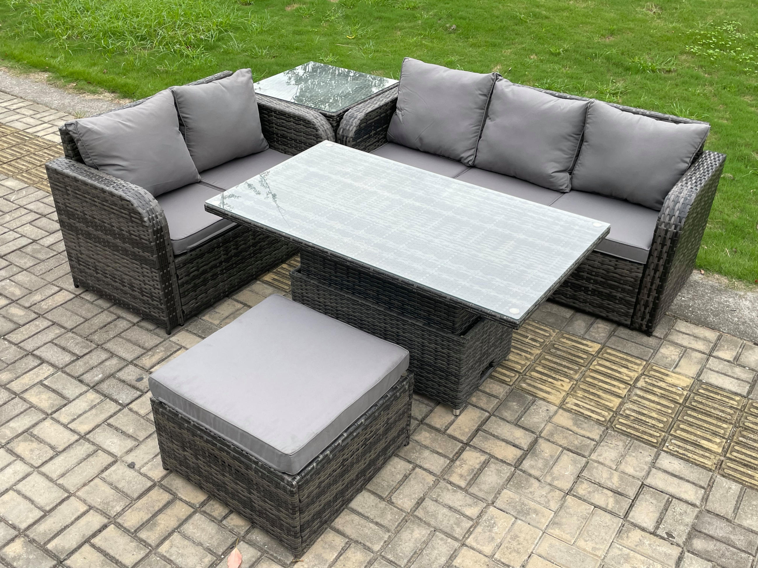 LOUNGESOFA Polyrattan 6-Sitzer - Dunkelgrau/Grau, Glas/Kunststoff - Fimous